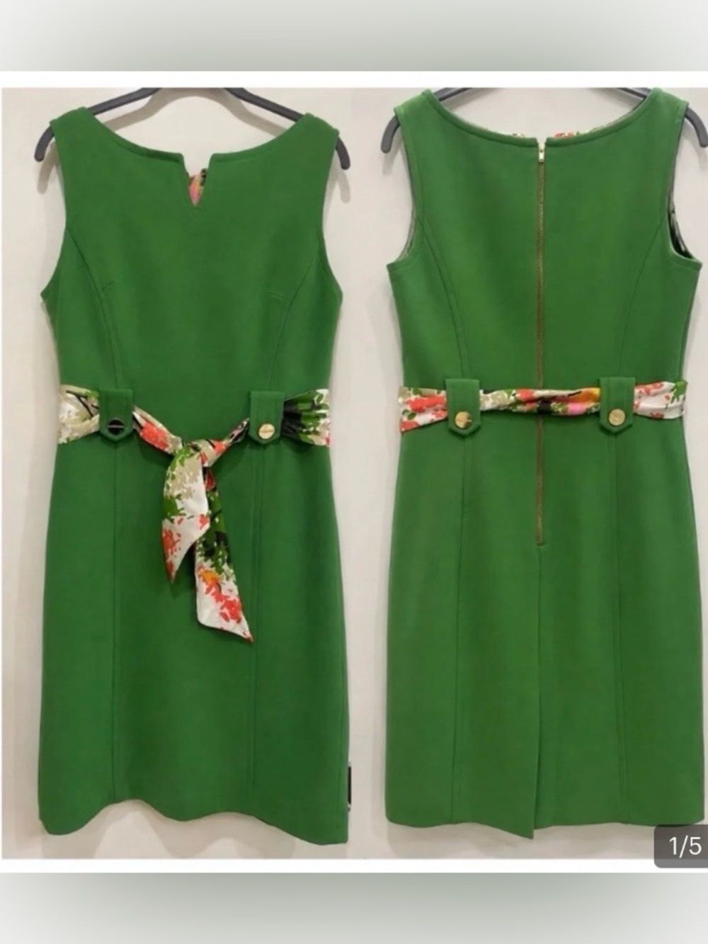 Milly Kelly Green and floral Sleeveless Shift Dress with Tie Belt gold accents 6